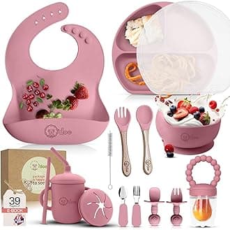 17-Piece BPA-Free Silicone Baby Feeding Set | Thick & Soft Suction Plates, Baby Bowls, Wooden Fork & Spoon, and More | Make Mealtime Fun and Easy for Your Little One | Pink, V2