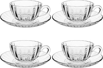 MARTVIA Premium Classic Glass Tea & Coffee Cup and Saucer - 250ML for Transparent Espresso Cappuccino Cups and Saucer Set for Green Tea, Herbal Tea, Lemon Tea More, (Royal Set, 4 Cup and 4 Saucer)