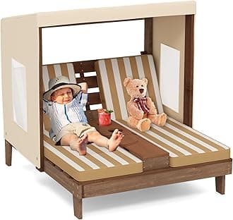 Kids Lounge Chair Outdoor, Wood Double Seat Chaise Lounge with Canopy, Cup Holders, Cushion, Backrest Recliner, Kids Patio Furniture, Gift for Boys Girls 3-8 Years Old