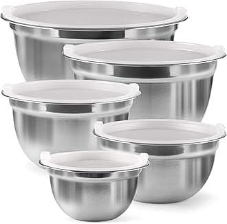 Premium Various Sizes Stainless Steel Mixing Bowl (Set of 5) With Airtight Lids, Flat Base For Stability & Easy Grip Whisking, Mixing, Beating Bowls Nesting & Stackable for Convenient Storage