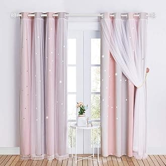 NICETOWN Kids Blackout Curtains Voile - Eyelet Top Thermal Insulated Curtains Light Blocking Filter Window Star Curtain for Kids Girls Nursery Bedroom, Grey Pink, 2 Panels, W52 x L90 Inch (132x228 cm)