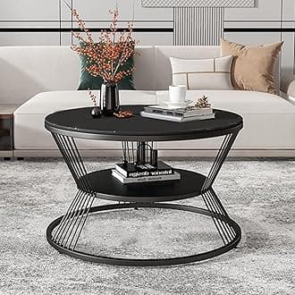 Coffee Table Two Tier Sofa Side Table Round Coffee Table Metal Frame Center Table Tea Table for Center Room Dining Home & Living Room Decor (Full Black)