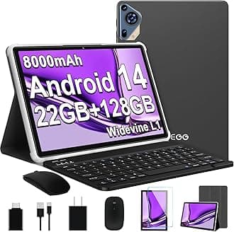 SKYEGG 2025 Android 14 Tablet 10 inch Octa-Core Tablets with 22GB RAM+128GB ROM(Expand to 1TB),8000mAh Large Battery,1280x800 IPS HD Touch Screen,Support Widevine L1,Keyboard & Mouse Included-Black