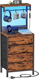 Furnulem Night Stand with Charger Station, 38'' Tall Nightstand with 4 Fabric Drawers and LED Lights, Bedside Table with Storage Shelf for Bedroom, Office, Metal Frame, Wood Shelves, Rustic Brown | 4 Fabric Drawers, LED Lights, Storage Shelf, for Bedroom, Office