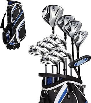 18 Piece Men's Complete Golf Club Package Set With Titanium Driver, 3 & #5 Fairway Woods, 4 Hybrid, 5-SW Irons, Putter, Stand Bag, 4 H/C's - Choose Color & Size Tall Size +1" for 6'1" and above! blue