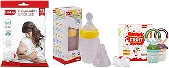 Luvlap Easy Squeezy Food Feeder - 180 Ml & Baby Food and Fruit Feeder Twin Pack, Green & Pink & Luvlap Ultra Thin Honeycomb Nursing Breast Pads, 48Pcs