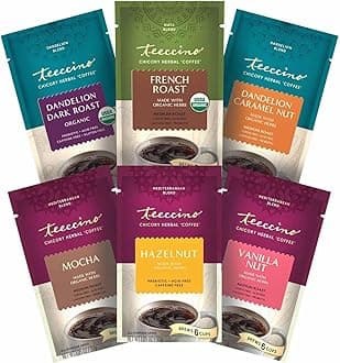 Herbal Coffee Sampler - 6 x 30g Trial Size Chicory Coffee Alternatives - French Roast, Vanilla Nut, Hazelnut, Mocha, Maca Chocolate, Java – Prebiotic, Caffeine Free & Acid Free