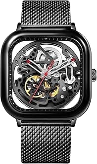 Men's Automatic Watch, C Series Full Hollow Skeleton Mechanical Analog Wristwatch with Milanese and Leather Strap Sapphire Crystal Mirror