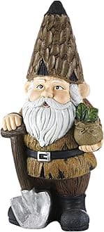 Alpine Corporation 16"H Indoor/Outdoor Garden Gnome with Shovel and Plant Statue, Brown