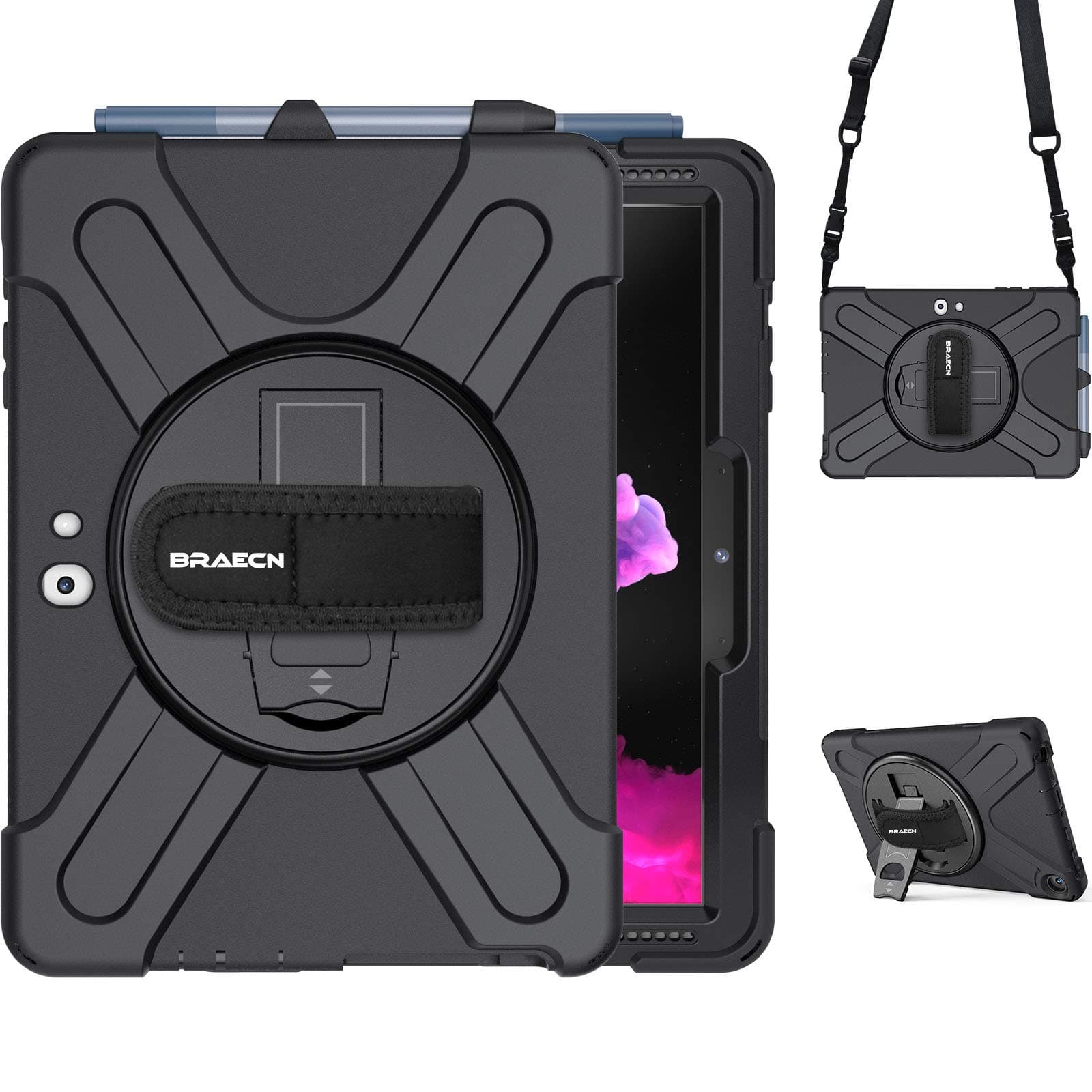 BRAECN Case for Microsoft Surface Go 4/3/2/1 10.5 Inch, Heavy Duty Shockproof with 360° Rotating Hand Strap & Kickstand/Shoulder Strap/Pencil Holder - Black