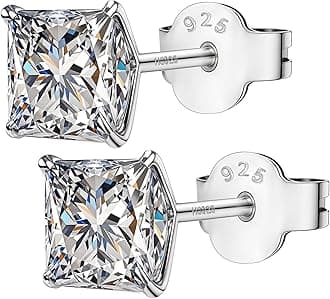 Solitaire 92.5 Sterling Silver Stud Earrings with Shiny Square Cubic Zirconia for Men Women Boys Girls