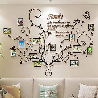 DecorSmart Antlers Family Tree Wall Decor for Living Room, 3D Removable Picture Frame Collage DIY Acrylic Stickers with Deer Head and Quote Family Like Branches on a Tree