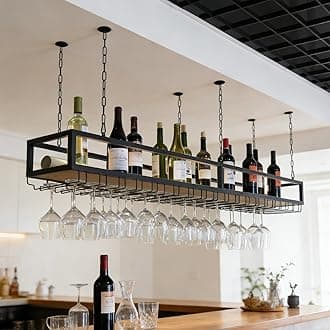 JHGJBJ Hanging Wine Rack, Metal Ceiling Wine Glass Rack, Bar Unit Floating Shelves, Industrial Hanging Wine Bottle Holder with Stemware Glass Shelf, for Bar Cafe Kitchen (Size : 100X25X100CM)