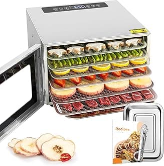 Kwasyo Stainless Steel Food Dehydrator, 6 Tray Fruit Dryer Machine with Free Recipe Book, BPA-Free, 30~90℃ Temperature Setting, Max 24h, Dehydrator Food Dryer UK for Vegetables, Meats, Chili-400W