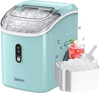Nugget Ice Maker Countertop, Silonn Chewable Pellet Ice Machine with Self Cleaning Function, Pebble Portable Ice Maker with Ice Scoop for Home Kitchen Office, Green