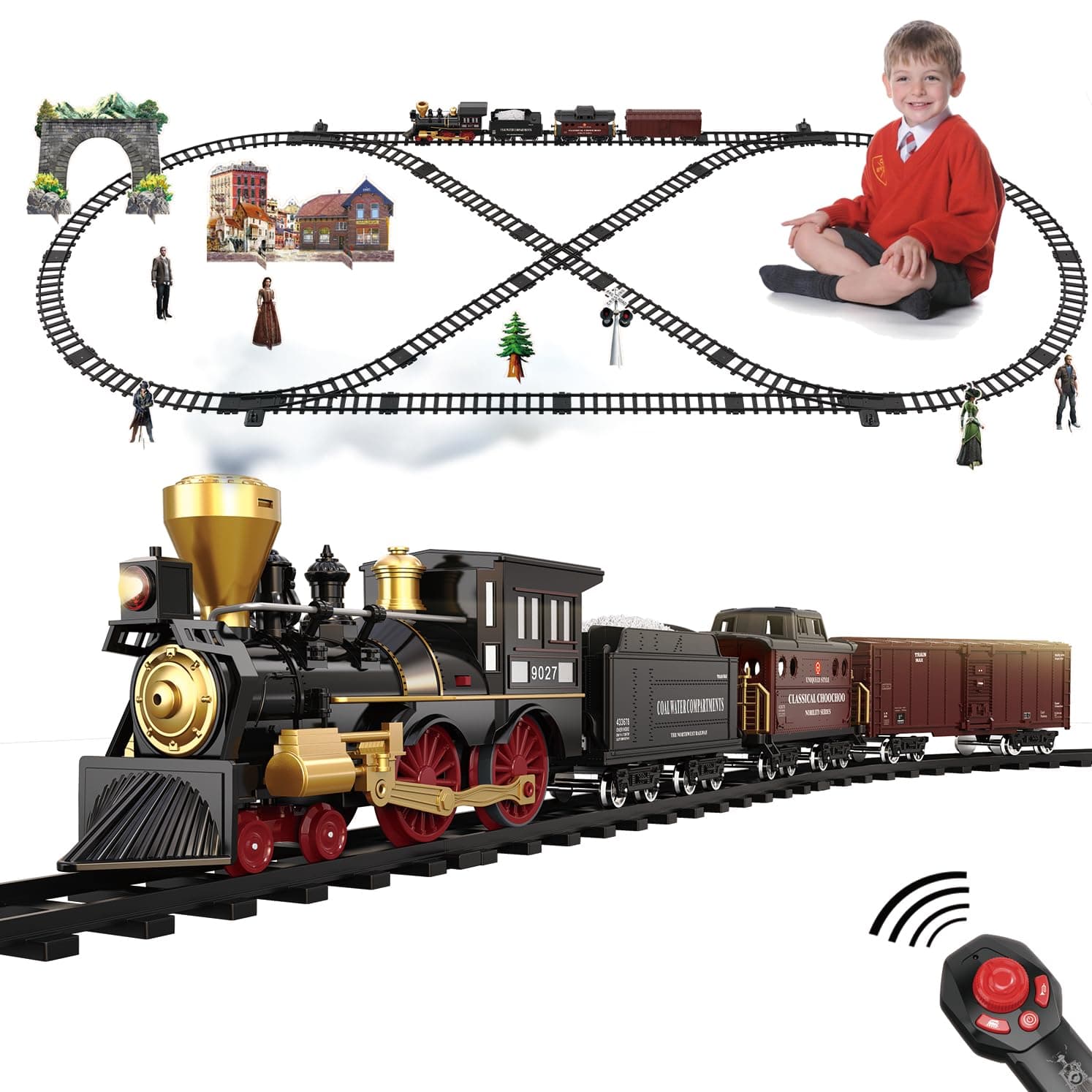 Train Set for Kids - Electric Remote Control Train Track Around Christmas Tree, Steam Locomotive Engine Train Railway Kits w/Smoke, Light & Sounds, Christmas Toys Gifts for 3 4 5 6 7 8 Year Old Kids