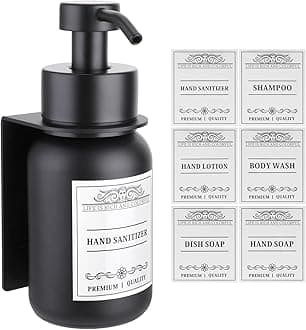 Black Glass Soap Dispenser Wall Mount for Bathroom with Pump and Drill-Free Holders - 8.5 Oz Hand Soap Dispenser, Shower Dispenser with Waterproof Labels