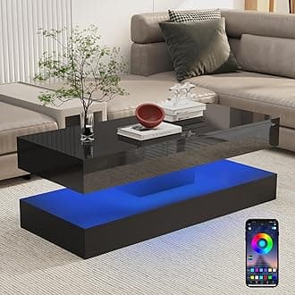 Uspeedy 47.3in Large High Glossy LED Coffee Table with 2 Storage Drawers,Black/White Modern Coffee Tables for Living Room,Living Room Tables,APP LED Lights (Black)