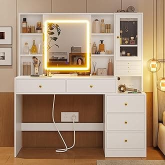 BTHFST Makeup Vanity with Charging Station & 3-Layer Jewelry Box, Vanity Desk with Sliding Mirror and Lights, Vanity Table with 8 Necklace Hooks & 5 Drawers & Shelves, White