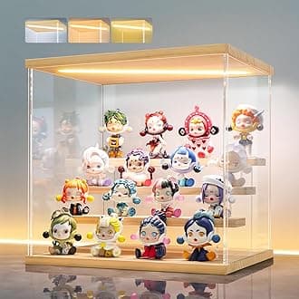LANSCOERY LED Lighted Acrylic Display Case, 4 Tier Display Box for Collectibles and Action Figures, Clear Dustproof Organizer with Wooden Base – 11.8x8.9x11inch