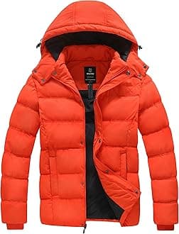 Wantdo Men's Hooded Winter Coat Warm Puffer Jacket Thicken Cotton Coat with Removable Hood, Orange, XL
