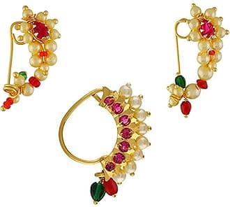Small Size Traditional Maharashtrian Nose ring without piercing Pearl Gold Plated Nath Clip On Nose Ring For Women