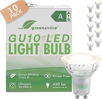 greenandco 10x GU10 | Replaces 44W | Warm White 3000K | 2.5W 450lm | 36° | Flicker-Free | Energy Efficiency Class A | 230V LED Spot | Not Dimmable