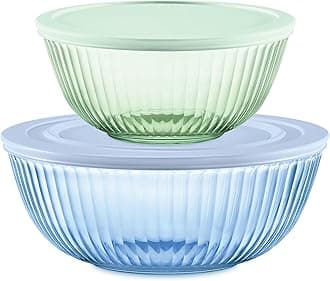 Colors Tinted 4-PC, Medium/Large Glass Mixing Bowls With Lids, Nesting Space Saving Set of Bowls For Prepping and Baking, 2.3QT & 4.5QT