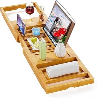 Yirilan Bamboo Bathtub Tray Caddy - Expandable Wooden Bathroom Tray, Luxury Bamboo Bathtub Tray, Bath Tub Table Caddy - Bamboo