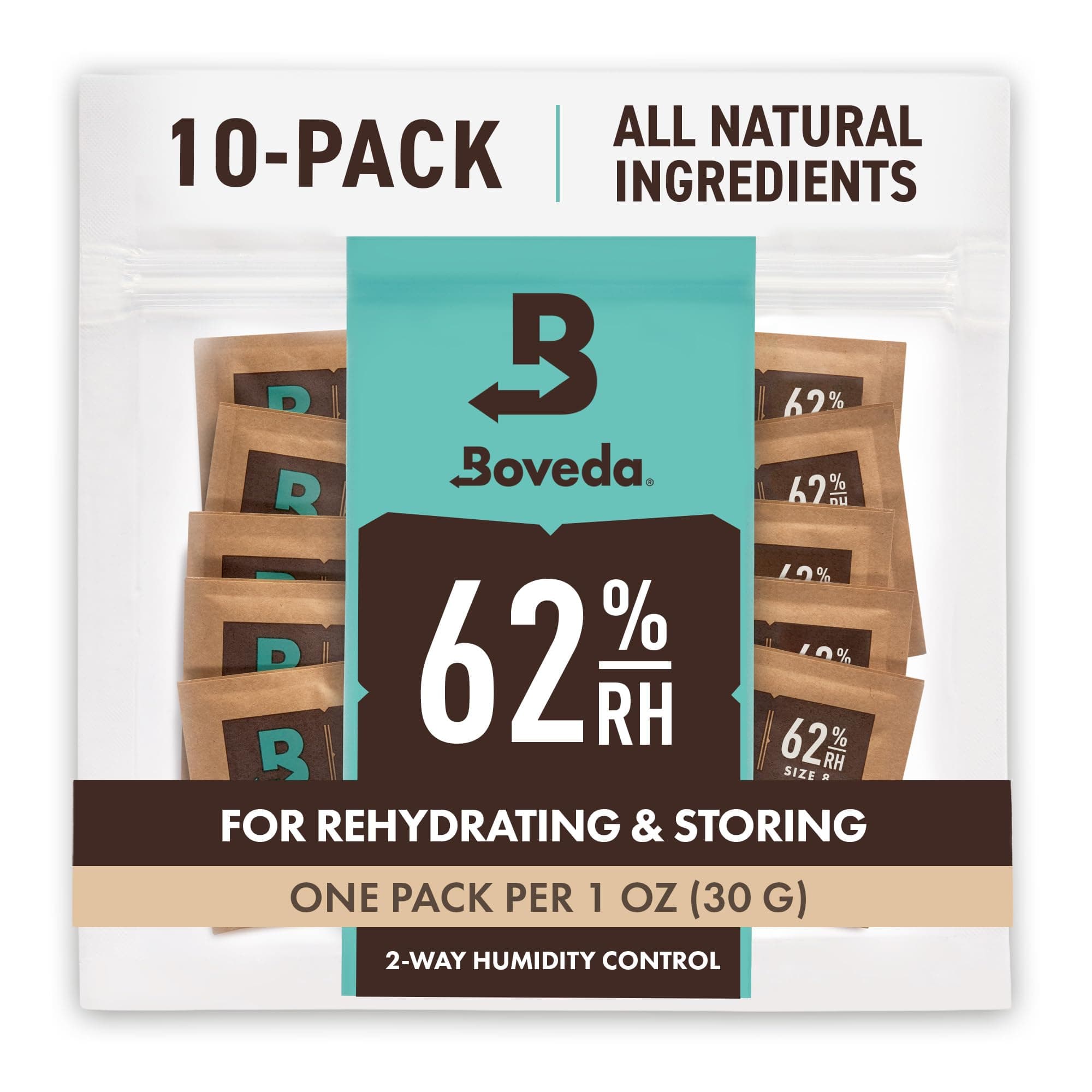 62% RH Size 8-10 Pack Two-Way Humidity Control Packs - for Storing 1 oz - Moisture Absorber for Small Storage Containers - Humidifier Packs - Hydration Packets w/Resealable Bag
