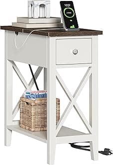 ChooChoo Farmhouse End Table with Charging Station, Accent Small Side Table Nightstand for Living Room, Bedroom, and Small Spaces, Soft White