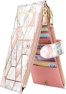 Wallets for Women Pink Marble Wallet Multi Card Organizer Bifold Wallet with Double Zipper Pocket,Gold Pink Marble