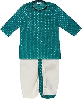 Boy's Cotton Kurta with Dhoti - Golden Thread Work, Round Collar, Full Sleeves, Side Button Kurta Set for Ethnic Wear