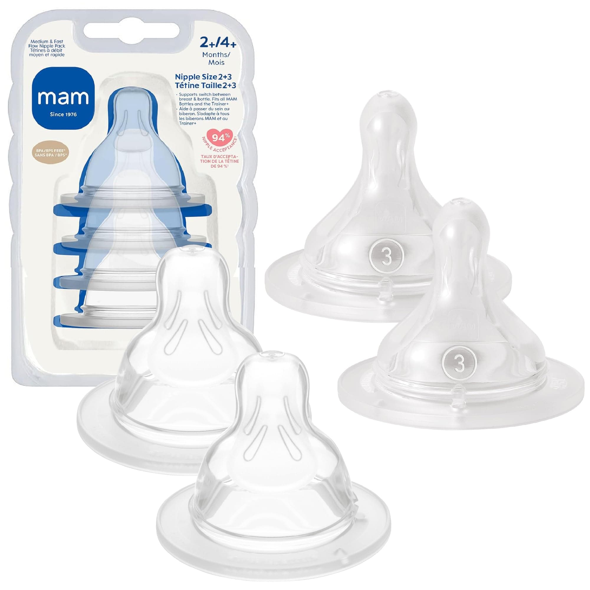 MAM Bottle Mixed Flow Pack - Medium Flow Level 2 and Fast Flow Level 3, for Newborns and Older, SkinSoft Silicone for Baby Bottles, Fits All MAM Bottles, 4 Pack