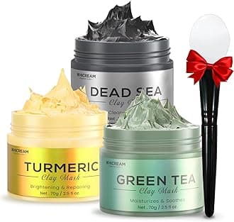 Hicream Turmeric Clay Mask, Green Tea, Dead Sea Minerals Mud Mask, Spa Facial Mask 3-Piece Set for Deep Cleansing, Moisturizing and Refining Pores, Vegan & Cruelty-Free, 7.5 fl.oz