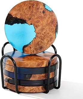 Wooden Beverage Coaster Set of 6 with Holder - Handmade Resin Wood Coasters, Drink Coaster Set for Coffee Tables, Home Bar Decorations, Round Blue Wood Coaster Set