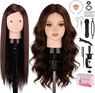 Mannequin Head Human Hair, Beauty Star Doll Head for Practice Hair Styling, 80% Real Hair Cosmetology Makeup Hairdressing Training Manicanequin Head with Clamp Stand + DIY Braiding Set
