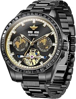 OUPINKE Watch for Men Automatic Wristwatch 3D Dial with 5ATM Waterproof Luminous Calendar Skeleton Watches-Sapphire Crystal Tungsten Steel Strap