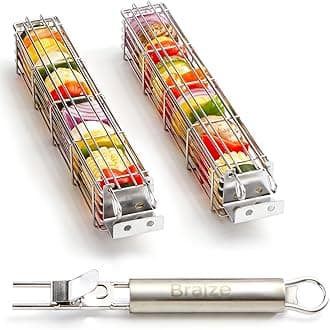 Large Kabob Grilling Basket with Removable Handle. Stainless Steel construction with a Larger Capacity (12 x 2 x 2) and secure easy-latch lid. (2-Piece Kabob Basket Set)