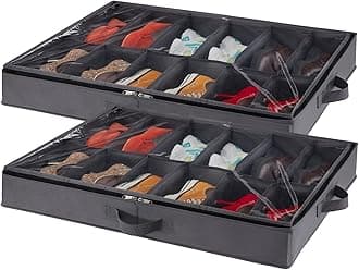 Lifewit Under Bed Shoe Storage Organizer Set of 2, 4.3 Inches Tall Low Profile Fabric Shoes Container Box with Clear Cover, Foldable Storage Bag with 2 Handles, Total Fits 24 Pairs of Shoes, Grey
