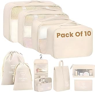 - Oceanevo Set of 10 Pieces Packing Cubes Organiser for Travel, Travel Organizer Bags for Luggage, Suitcase Includes 2 Drawstring Bags, Shoe Bag and Toiletry Bag with Hook - Set of 10 - Beige