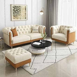 Modern Classic Sofa Couch Fabric & Valvet 3+1+1Footrest Tufted Chesterfield Sofa Living Room and Office (Orange & Beige)