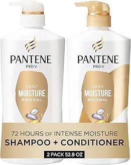 Pantene Shampoo & Conditioner Set, Daily Moisture Renewal - Pro-V Nutrients for Dry, Color-Treated, Straight to Curly Hair, 72-Hour Hydration & Softness, 52.8 Oz Total + Miracle Rescue Shot (0.5 Oz)