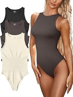 Women’s Sexy Ribbed Bodysuit Tops - 3 Piece Sleeveless Halter Neck Bodysuits with Tummy Control (Color : Black Tea Leaf Beige, Size : S)