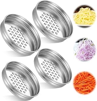 4Pcs Mason Jar Grater Lid, Reusable Mason Jar Shaker Lids Stainless Steel Cheese Grater Lid 2 Size Wide and Narrow Mouth Mason Jar Spout Lid Kitchen Cutter for Vegetable Potato Carrot