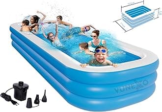 10 Feet Rectangular Inflatable Pool with Electric Pump Family Full-Sized Swimming Bathtub for Kids Outdoor Garden Summer Party (Blue)