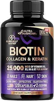 NUTRAHARMONY Biotin | Collagen | Hyaluronic Acid | Keratin - Support Normal Hair Growth Cycle - Skin & Nails - 25000mcg Vitamins B1, B2, B3, B6 & B7 - for Women & Men - Made in USA | 120 Capsules