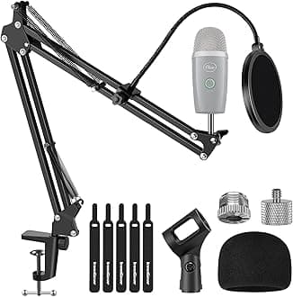 Microphone Stand, Adjustable Mic Stand Set for Blue Yeti Nano Suspension Boom Scissor Arm Stand with 5/8" to 3/8" Screw, 5/8" to 1/4 Screw, Nano Mic Windscreen and Dual Layered Mic Pop Filter