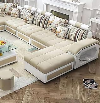 Ripple FURNITURE U Shape 9 Seater Modern Interchangeable Fabric Sofa Set with 4 Puffy (Right, Beige & White)