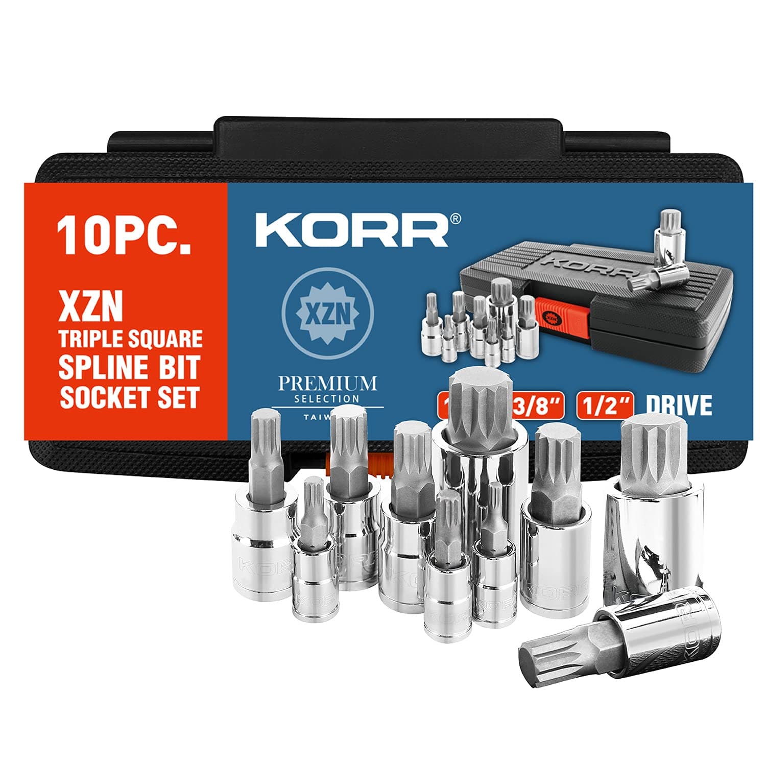 KORRTools KSS009 10pc XZN Triple Square Spline Bit Socket Set